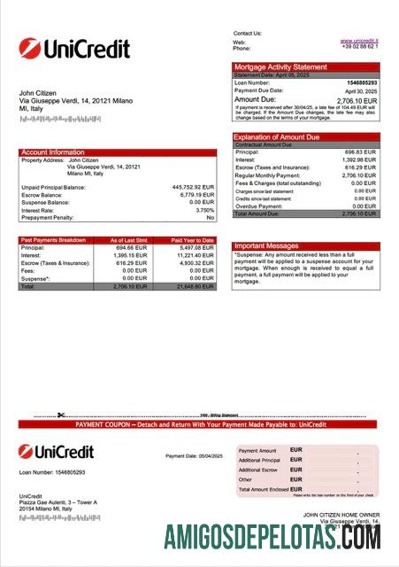 realista Modelo Word e PDF de declaração de hipoteca UniCredit da Itália